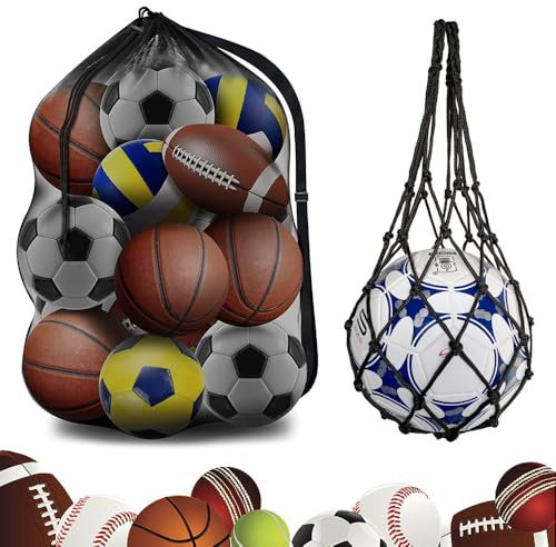 ADERTOS 2 Stück Balltasche Ballnetz Schwarz Ball Netz Sport Netztasche Ballsack für 10-15 Bälle mit Kordelzug und Schultergurt Balltragenetz für 1 Ball Fussballnetz für Volleyball Fußball Basketball