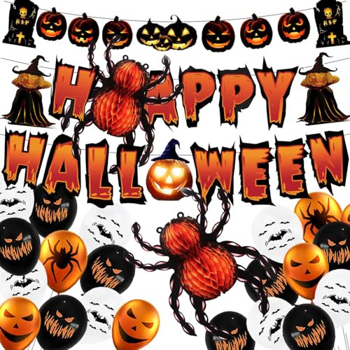 YBwanli halloween party decorations, halloween decorations set indoor, Include:Big Spider, pumpkin garland, banner, balloons, bats, A fun set of Halloween decorations