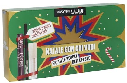 Maybelline New York Geschenkbox, mit Mascara, Augenstift und Gloss, Kollektion Weihnachten mit denen Sie wollen 2024, Sky High Burgundy Mascara, schwarzer Augenstift, Lasting Drama, Lipgloss Lifter