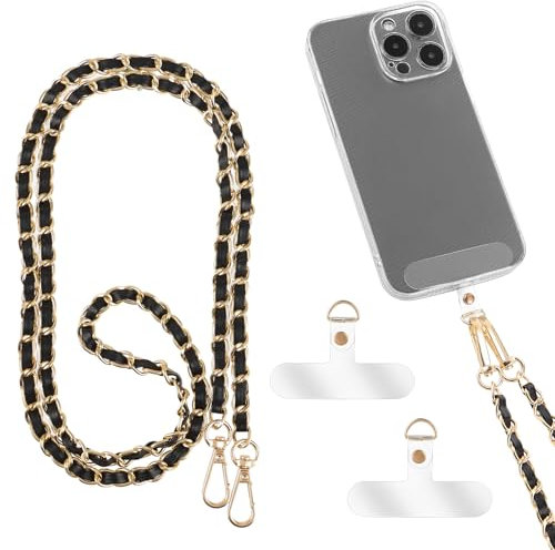 GEEHUA PU Leather Crossbody Phone Lanyard for Women, Metal Cell Phone Chain Strap Neck Phone Charm Hands Free Cellphone Neck Strap Grip Compatible With Most Smartphones(Black)