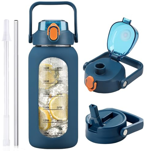 HYDRAGLAZIC 2L Glass Water Bottle with 2 Lids Flip and Chug Lids 2 Liter Large Water Jug with Time Marker and Silicone Sleeve BPA Free Leak-proof for Sports Gym, Dark Blue