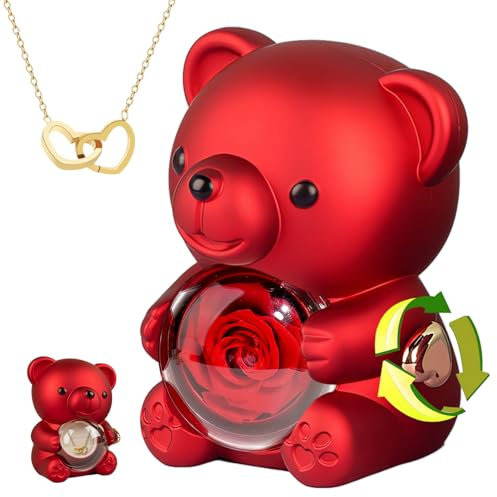 goldmiky Ours Rose Eternelle avec Compris Boîte-Ours Rose Eternelle avec Collier, Rose éternelle Cadeau Anniversaire Femme Ours Bijoux :Fête des Mères, Femme Saint Valentin,Noel,Anniversaire Mariage