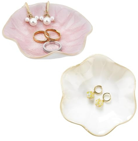 CHENKEE Piatto di Gioielli in Ceramica, Vassoio per Gioielli, Piccolo Vassoio per Chiavi, Decorazione per il Comodino per anelli, Collane, Bracciali (Bianco、Rosa)