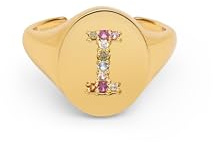 SINGULARU - Anillo Personalizado Signet Letter Colors. Ajustable. Latón con Acabado Baño de Oro de 18 Kt. Talla Unica. Joyas para Mujer. Letra I