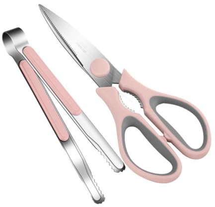 Cabilock Tijeras De Cocina Para Asar y Pinzas Para Comida, Acero Inoxidable, Mango Antideslizante, Diseño Cómodo, Juego De Utensilios Para Barbacoa, Apto Para Parrilla y Cocina, Color Rosa