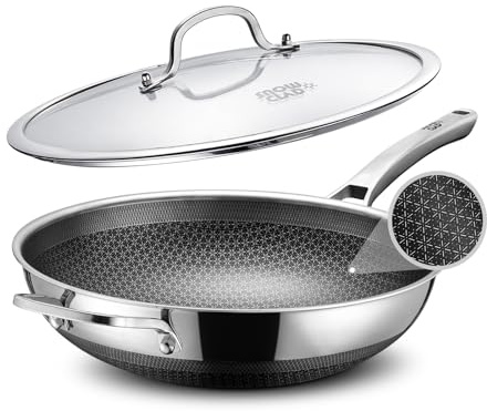 SNOWCLAD Wokpfanne, 32cm Hybrid-Woks und Bratpfannen, Antihaft Wabenpfanne mit Deckel, Edelstahlpfanne, Pfanne induktion, Für Alle Herdarten Geeignet, Ofen-und Spülmaschinenfest, Pfoa Frei