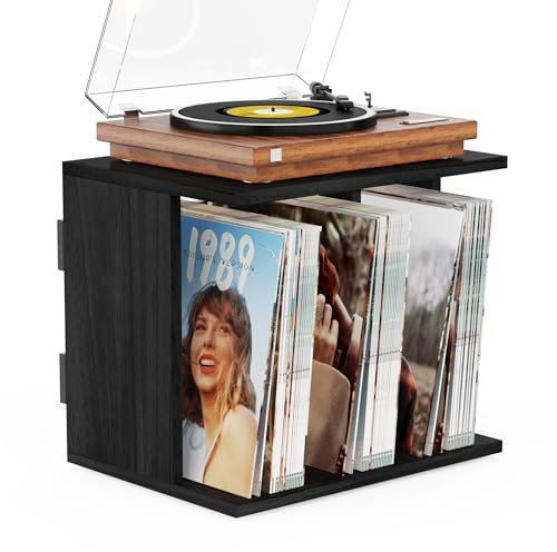 Emfogoo Rangement pour Disques Vinyle Mural - Support pour 100 Albums LP, Support Vinyle Mural en Bois avec 3 Compartiments Stockage, pour Salon Bureau Déco (Vintage Noir)