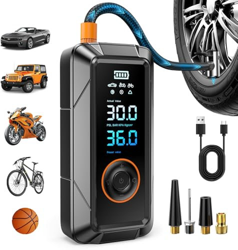 Fshyos Cordless Tyre Inflator Air Compressor, Rechargeable Battery 150PSI Portable Car Tyre Pump, Electric Digital Tyre Pump with LED Light for Car Motorcycle Bicycle