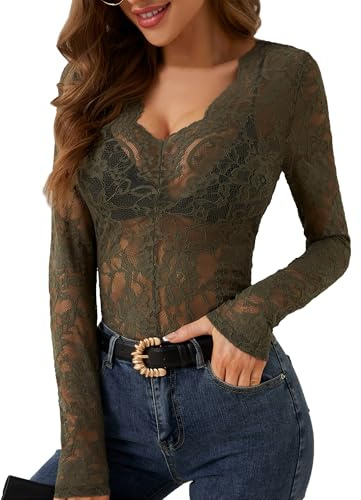AIEOE Mujeres Tops de Manga Larga Cuello en V Encaje Clubwear Sheer Lace Top Transparente Camisa Túnica Floral Tamaño S Verde