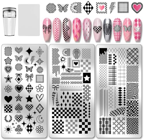 PH PandaHall 3pcs Plaid Nail Stamping Plates Checkerboard Nails Art Stencils Tartan Pattern Nail Art Templates Heart Star Butterfly Manicure Image Plates for Women DIY Print Manicures Salon Design