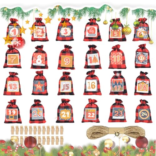 Borse Calendario Avvento Natale - Calendario Avvento 24 Giorni Ricaricabile | Sacchetti Con Coulisse Vuote Con Numeri, Per Caramelle Giocattoli Feste Regali Matrimoni Compleanno Adulti Bambini