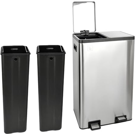 SVITA TMH2X30 Mülleimer 60L Mülltrennsystem 2 Fächer 2x30L Softclose-Deckel Pedal versteckbar Kunststoff Inneneimer | Edelstahl Silber