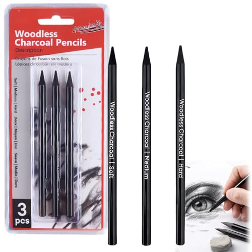 3Pcs Charcoal Pencils,Professional Drawing Pencils Set,Sketching Pencil for Artists,Soft Medium Hard Grap/hite Sticks for Shading Blending,Art Supplies Sketch Pencil Set,Black Art Pencil,Easy to Use
