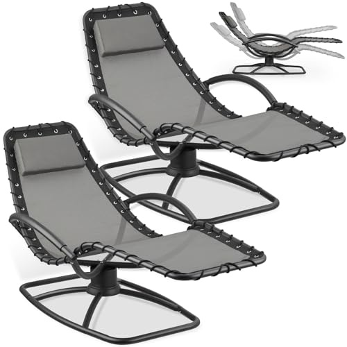 tectake® Set da 2 lettino prendisole ergonomico da giardino, sedia a sdraio reclinabile, poltrona a dondolo da esterno, lettino relax con poggiatesta, textilene traspirante, terrazzo, balcone - Grigio