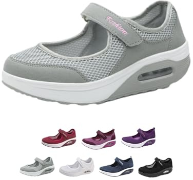 Zapatos ortopédicos de malla cómodos para mujer, plataforma transpirable, ajustable, sin cordones, tenis ligeros y antideslizantes con soporte de arco, Gray, 0 UK