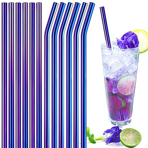 NiHome Reusable Glass Drinking Straws, 12 Pack, 8x0.3, 6 Straight, 6 Bent, 2 Cleaning Brushes, Eco-Friendly, Dishwasher Safe (Deep Blue Iridescent)
