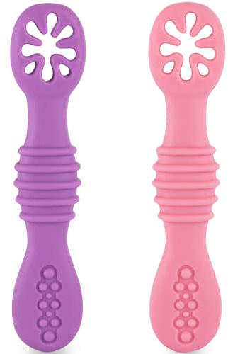 HOMYBABY® Cucchiaino Svezzamento - Cucchiaio Svezzamento Antibatterico per il BLW - Cucchiaino Silicone Neonato - 2 Cucchiai Ergonomici Neonati Dai 6 Mesi, 2 Fasi Dell'alimentazione
