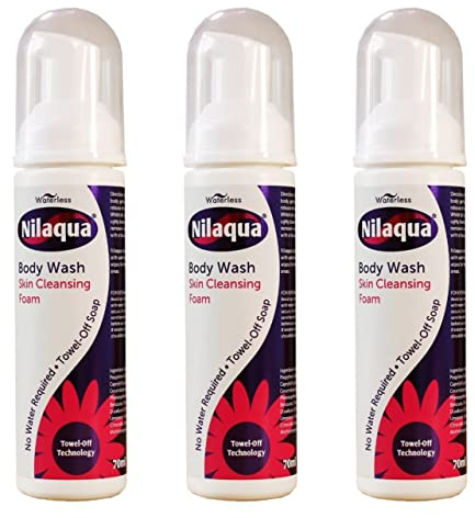 Nilaqua Rinse Free Body Wash Foam | Skin Cleansing Foam Incontinence | Ideal for Elderly | Towel Off Skin Cleansing Body Foam | No Water Required | Aerosol Free 70ml Trio Pack Travel Sized