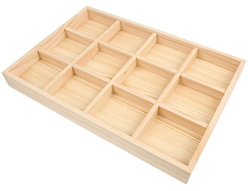 SEWACC 12 Grid Wood Jewelry Tray Vintage Wooden Storage Divider Trinket Storage Dish Drawer Desk Display Showcase Crafts Holder for Ring Earrings Bracelet Necklace