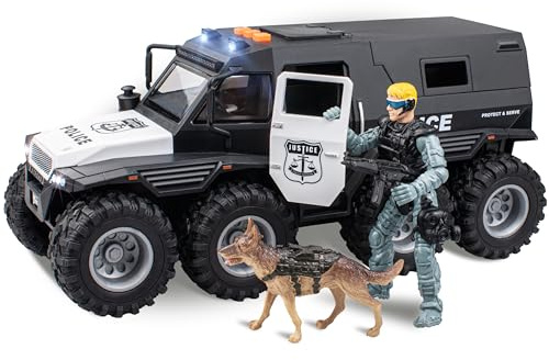 i diy Police Car Toy - 8x8 Friction Powered with Light and Sounds, Openable Doors, Military Policeman & Dog - Big Wheel Truck, Police Cars for Kids Ages 3-5