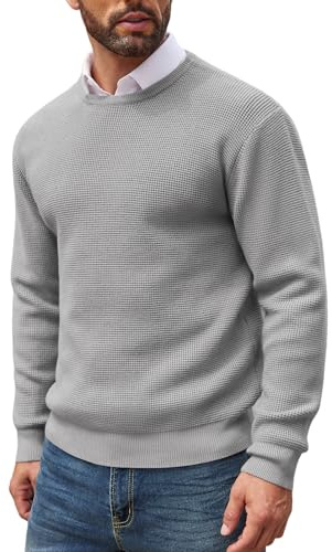 COOFANDY Suéteres de Punto de Cuello Redondo para Hombre, Corte Ajustado, Casuales, Ligeros, con Textura de gofre, de Manga Larga-Gris Claro M