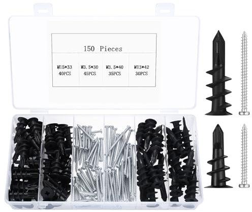 150 Pcs Chevilles en Métal avec Vis pour Plaques de Plâtre - Fixations Autoforeuses pour Béton et Briques (Noir)
