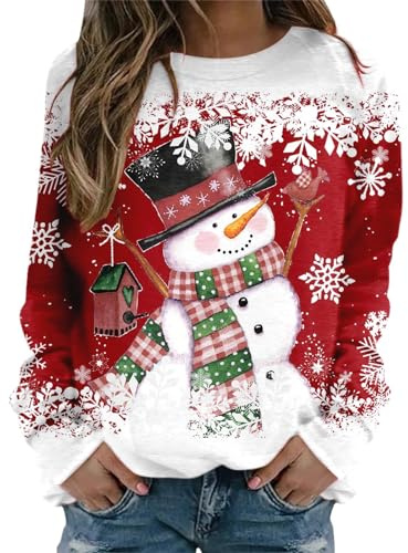 Sudadera navideña para mujer divertida, sudadera con temática navideña de gran tamaño, camiseta navideña para mujer de manga larga, muñeco de nieve rojo, negro y verde, camiseta navideña para mujer