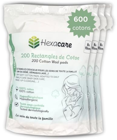 Hexacare - Lot de 3 Rectangles de Coton | 600 piècees de 8x10 cm | Ultra-Doux pour Bébé | 100% Coton Naturel | Hypoallergénique & Testé Dermatologiquement
