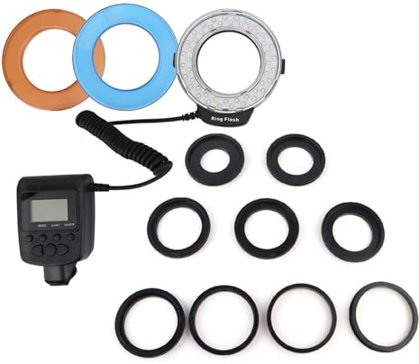 Flash annulaire LED - 48 LED haute luminosité, 3 modes d'éclairage pour la photographie dimensionnelle, 7 niveaux de luminosité réglables, appareil photo monté avec 8 anneaux adaptateurs, compatible
