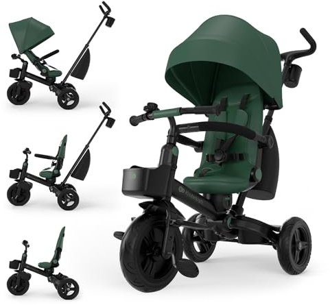 Kinderkraft AVEO 2 PRO Triciclo bambini dai 9 Mesi fino 25 kg, Passeggino con Maniglione del Genitore regolabile, Bici, Compatto pieghevole, Sedile girevole Fronte Mamma e Strada, Ruota libera, Verde