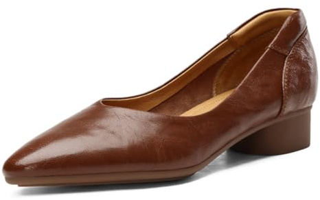 Zapatos Mujer Retro Punta Fina Tacón Cuadrado Bajo Empeine PU Slip-On Plantilla Suave Suela Antideslizante Duradera Oficina Diario,Marrón,37 EU