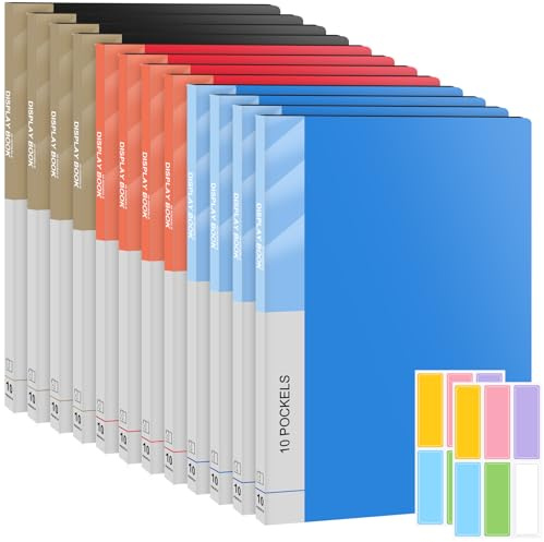 Carpeta de presentación A4 con fundas de plástico, 12 unidades, carpeta de presentación A4 con 10 bolsillos, carpetas de proyectos de 3 colores para almacenar documentos, certificados, partituras