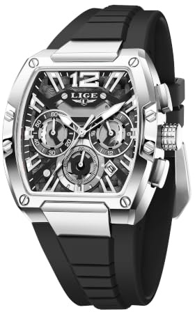 LIGE Montre Homme Tonneau - Montre Quartz Chronographe Analogique avec | Bracelet Silicone, Aiguilles Lumineuses & Date, Étanche 3ATM, Style Sport Business, Idée Cadeau Homme