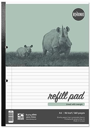 RHINO A4 Refill Pad, Writing Pad, 160-Page / 8mm Lined with Margin, 1-Pack, White Hole Punched Side Binding Writing Paper, Office & School Stationery Supplies