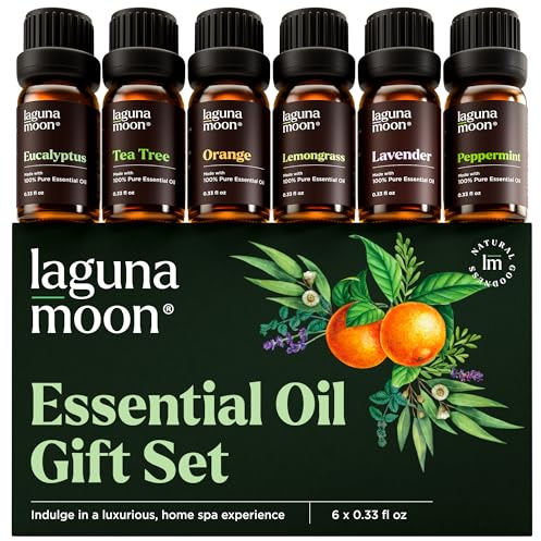 Lagunamoon Essential Oils Aromatherapy Set - 6 Oils for Diffusers, Home Care, Candle Making Scents, Fragrance, Humidifiers, Gifts - Peppermint, Tea Tree, Lavender, Eucalyptus, Orange (10mL)