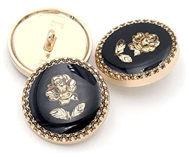 5Pcs Metal Rhinestone Botton Round Shape Button for Sewing DIY Crafts Jewelry Making(Black Rose,23mm)