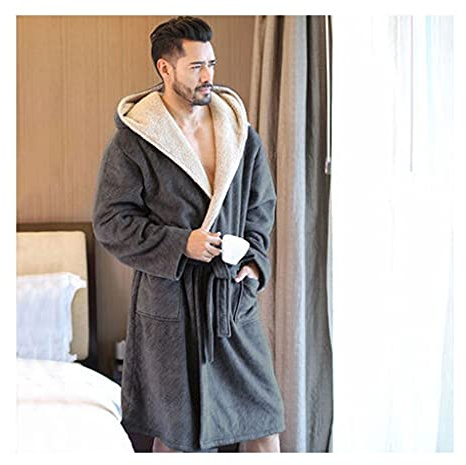 Peignoir De Bain Homme Capuche，Peignoir Long En Velours Corail, Double Couche Plus Velours Épaississant Chemise De Nuit Et Vêtements De Maison Pour Hommes D'hiver ( Color : Dark gray , Size : 3XL )