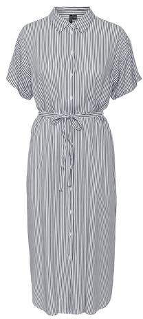 VERO MODA Damen Leichtes Kurzarm Kleid Midi Blusen Dress Locker mit Gürtel und Hemdkragen VMBUMPY, Farben:Weiß,Größe Damen:M