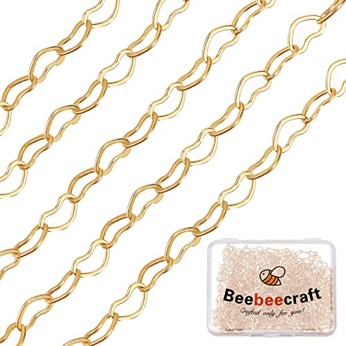 Beebeecraft 16.4 Piedi/5M Catene A Maglia A Cuore Catene Portacavi in Ottone Placcato Oro 18K per La Creazione di Gioielli con Collana di Braccialetti, 3x5x0.5mm