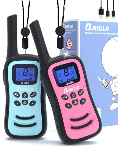 QNIGLO Walkie Talkie Kids, Long Range Rechargeable 2 Way Radio, Walky Talky PMR Walkie Talkies with Flashlight Lanyard, Gifts for Aged 3-12 Year Old Girls Boys Toy(PinkBlue)