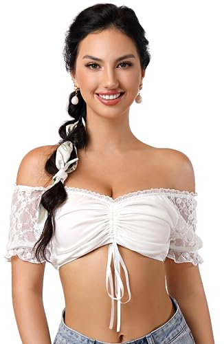 Clearlove Damen Dirndlbluse Spitze Weiß Dirndlbluse Kurzarm Schulterfrei Dirndl Bluse Halbarm Elegante mit Kordelzug Trachtenbluse für Oktoberfest Outfit 38