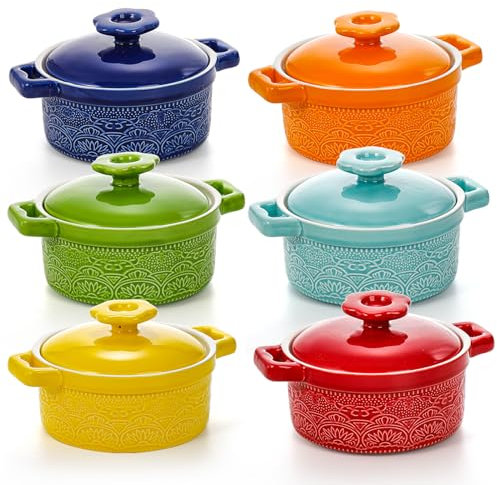 Hacaroa Set mit 6 Mini-Kokotte-Auflaufförmchen mit Deckel, 237 ml, Keramik-Auflaufförmchen mit Griffen, kleine Auflaufformen, individueller Serviertopf zum Backen, Soufflé, Suppe, Schuster, ofenfest,