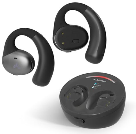 Avantree Medley Pebble - Open-Ear Funkkopfhörer Kabellos für TV Fernseher mit Bluetooth-Transmitter & Ohrhörer Ladestation, Klare Kopfhörer für Senioren, Umgebungserkennung