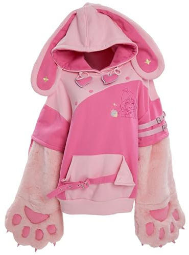 Winx Club Sudadera con Capucha para Mujer con Guantes de Pata de Gato Peludos Desmontables, Bonito Bolso de Mano, Manga diseñada de Doble propósito, Rosado, S