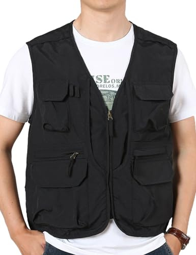 Sukany Chaleco de verano para hombre, estilo safari, pesca, viajes, trabajo, tiro, militar, ligero, sin mangas, chaleco de aventurero, con múltiples bolsillos, Negro, XL