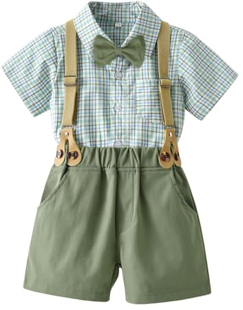 Volunboy Baby pojkar kostym, kortärmad skjorta med fluga hängslen shorts sparkbyxor sommarkläder set, Grön rutig, 3-4 År