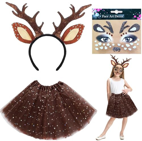 AUNGCSHE 3 Piezas Disfraz de Ciervo, Disfraz de Cosplay Animales, Falda Tutú, para Niños, Halloween, Carnaval, Cosplay, Espectáculo Escolar (Ciervo)