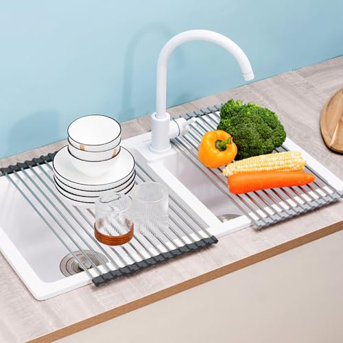 Laphontab Scolapiatti da Appoggio, Scolapiatti Pieghevole in Acciaio inox Sopra il Lavello della Cucina, Organizer Cucina Accessori & Tappetino Scolapiatti per Spugne, Tazza, Frutta, Verdura-Nera.
