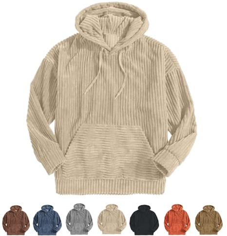 QKCQQTS Sweat à Capuche en Velours côtelé pour Homme, Sweat-Shirt à Capuche Vintage avec Cordon de Serrage, Pull à Capuche Vintage en Velours côtelé (Beige,M)