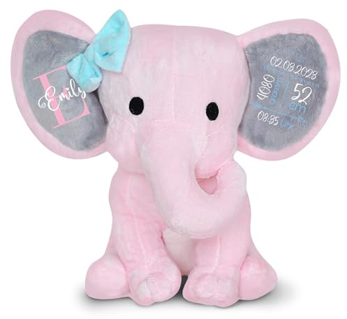 Love Faith - Kuscheltier Pinker Elefant mit rosa Schleife - personalisiertes Baby-Plüschtier - perfekte Geschenkidee zum Geburtstag, Taufe oder Geburt